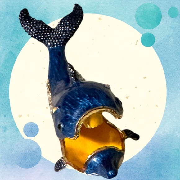 Blue Dolphin Enamel Hinged Magnetic Rhinestone Jewelry Trinket Box 3.5" - Picture 7 of 12